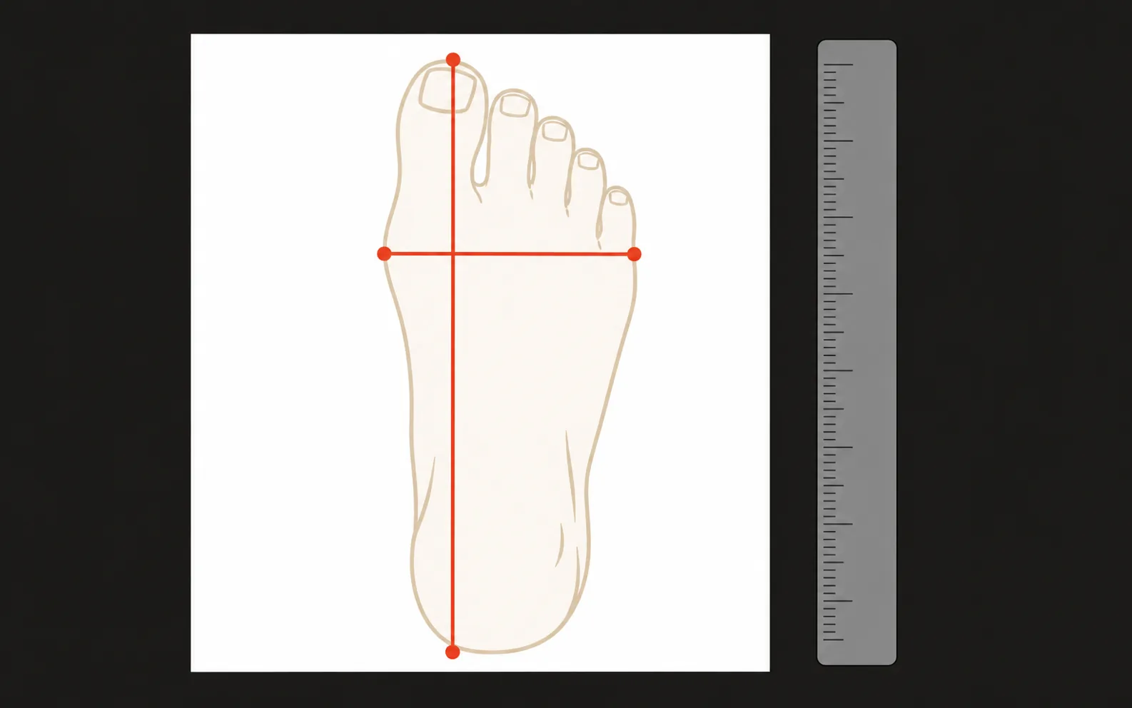 Contorno de un pie dibujado en un folio, con una línea del talón al dedo más largo señalada como largo y otra entre los dos puntos más anchos del antepié señalada como ancho